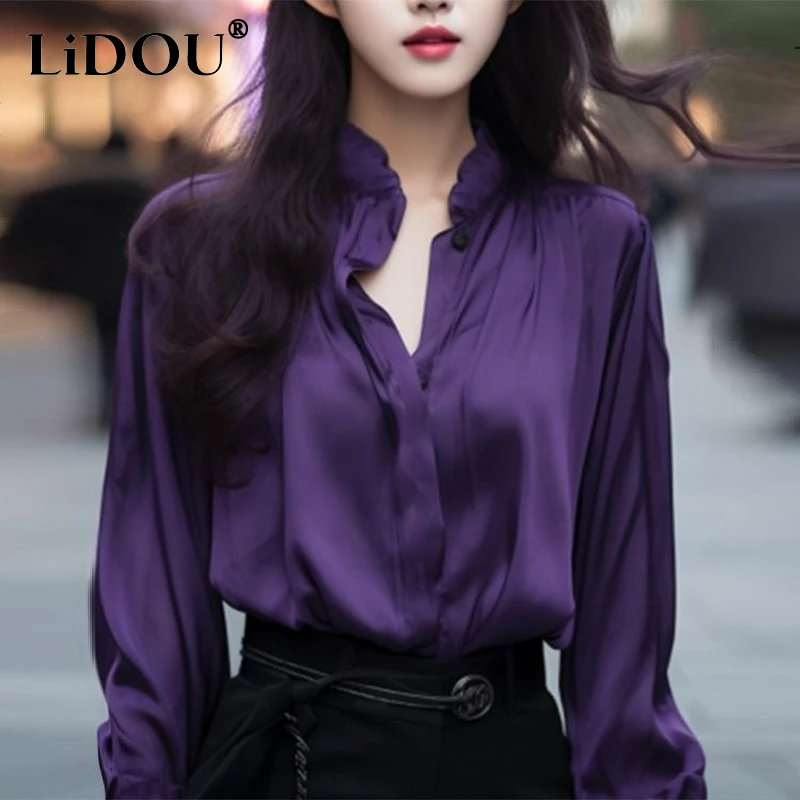 Spring Summer Stand Collar Elegant Fashion Long Sleeve Blouse Female Temperament Solid Color All-match Cardigan Top Women Shirt