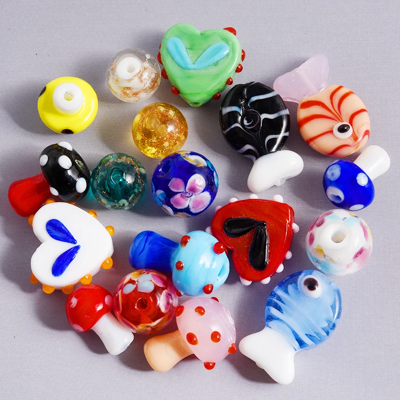 New Glass Pattern Beads Mushroom Fish Heart-Shaped Spaced Beads Jewelry Making Bracelet Earrings Diy Accessories 10/30/50pcs/Lot