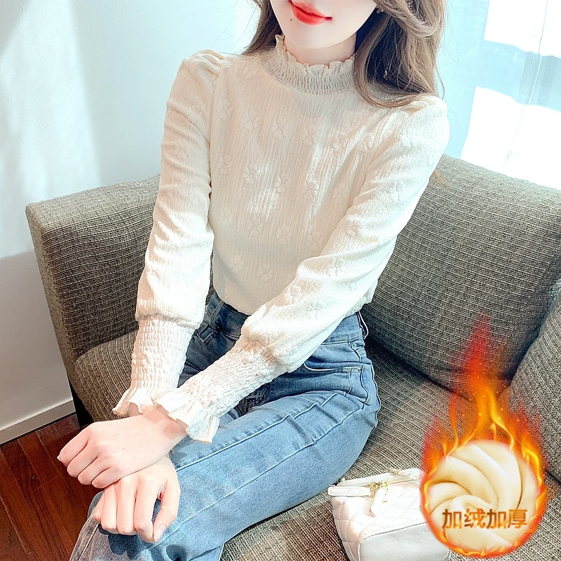 

Half high collar plush and thick lace bottom sweater for women's winter 2023 new warm lining long sleeved T-shirt