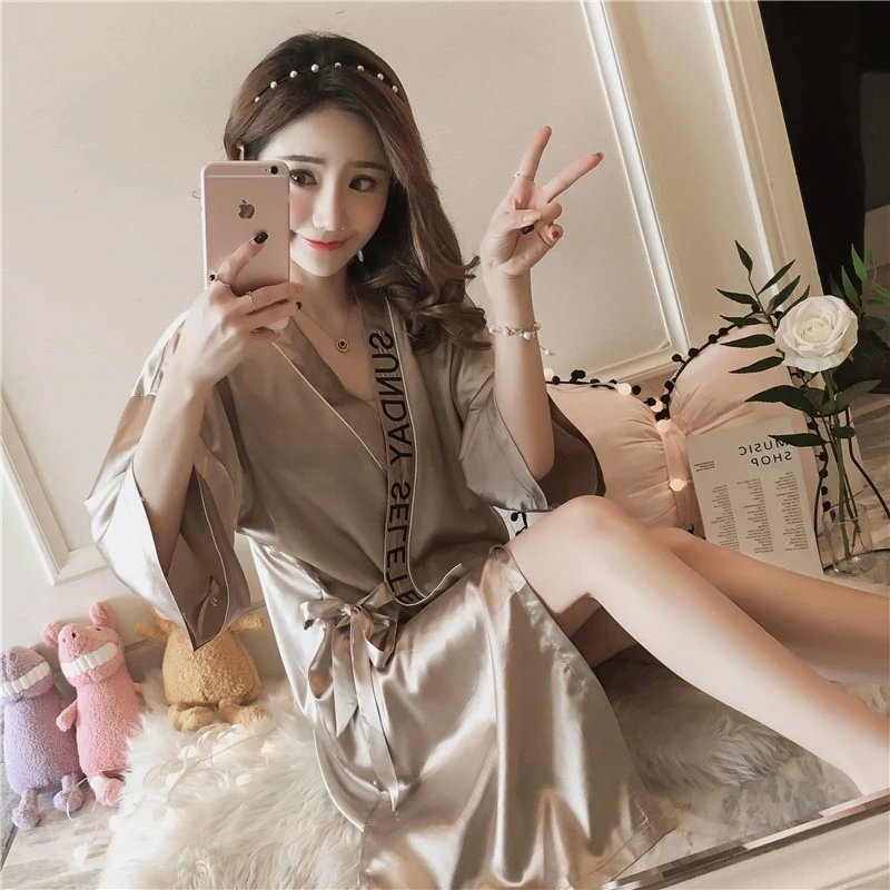 Ice silk nightgown women summer sexy pajamas lace spring and autumn long sleeve lace-up bathrobe women bathrobe single piece