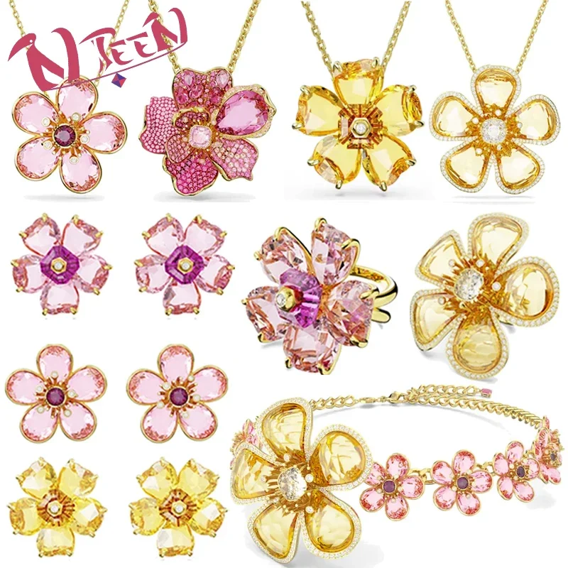 2024 High Quality Hot Sale Luxury Pink and Yellow Flower Crystal Earrings Set, Women's Earrings, Romantic Party Gift