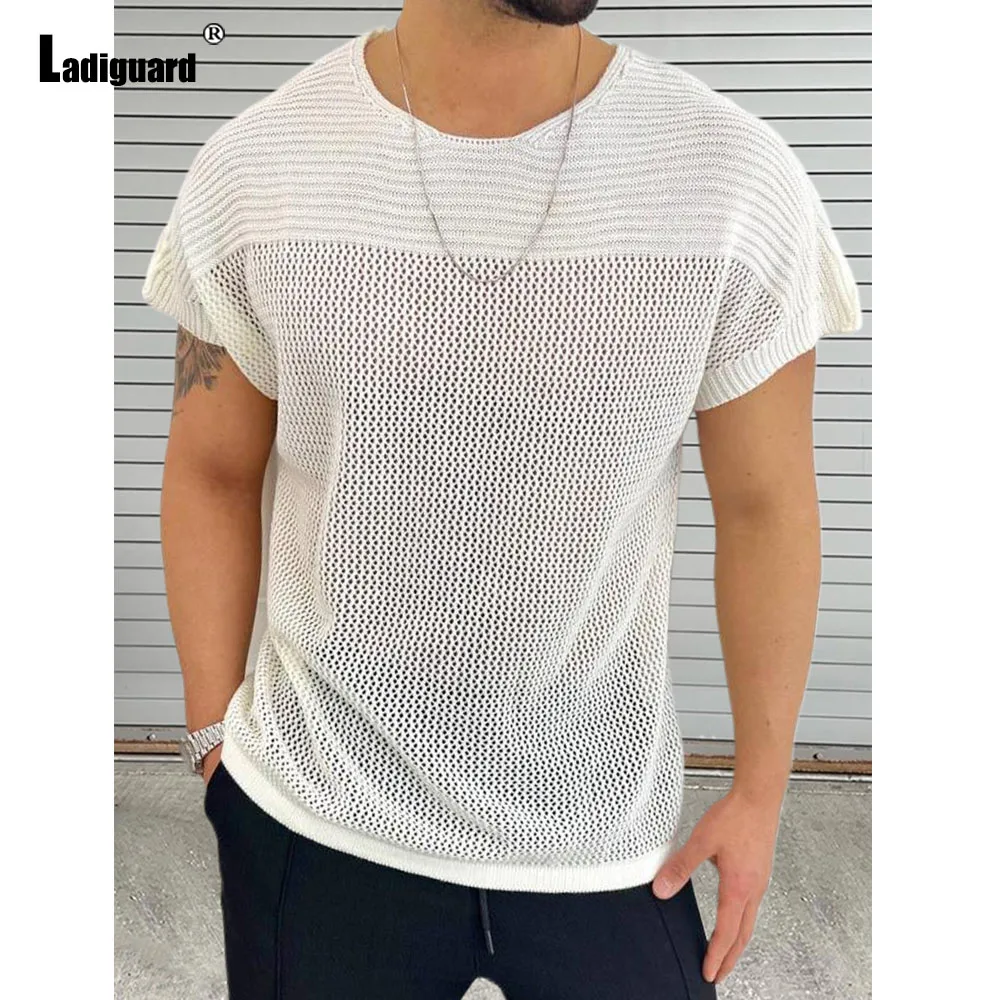 

Men Casual Knitting Sweaters 2024 New Summer Transparent Pullovers Men's Hollow Out Beach Knitwear White Soft Patchwork Sweater