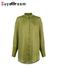 SuyaDream Woman Long Shirts 22%Silk 78%Linen Solid Button Boyfriend Blouses 2023 Spring Autumn Chic Top Olive