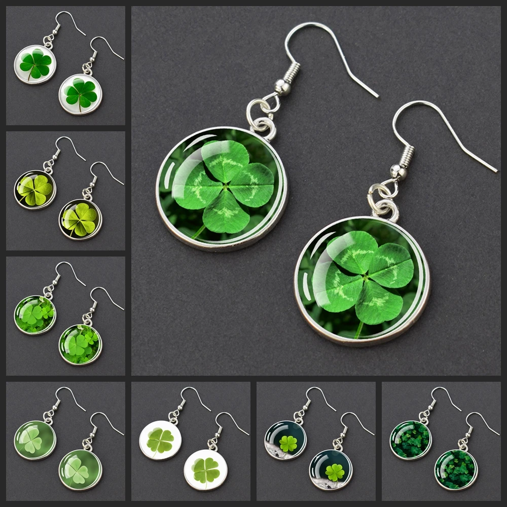 Pendientes de trébol de cuatro hojas para hombres y mujeres, Pendientes colgantes de cúpula de cristal de hierba de la suerte, joyería de moda, regalo