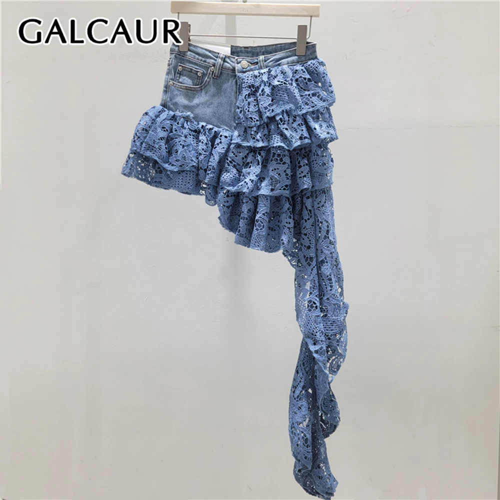 GALCAUR Colorblock Slimming Spliced Lace Skirt for Women High Waist Patchwork Pockets Irregular Skirt Female Fashion New Style
