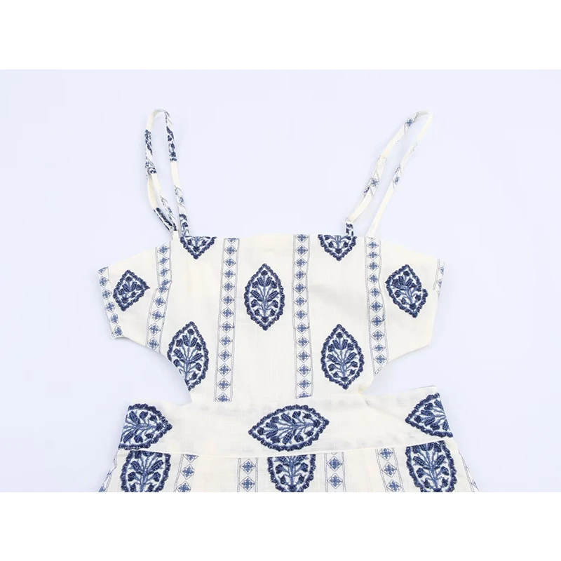 Sukienki damskie z haftem kwiatowym, seksowne, z wycięciami, linia A, midi, na ramiączkach, letnia sukienka, elegancka sukienka wakacyjna, vestidos