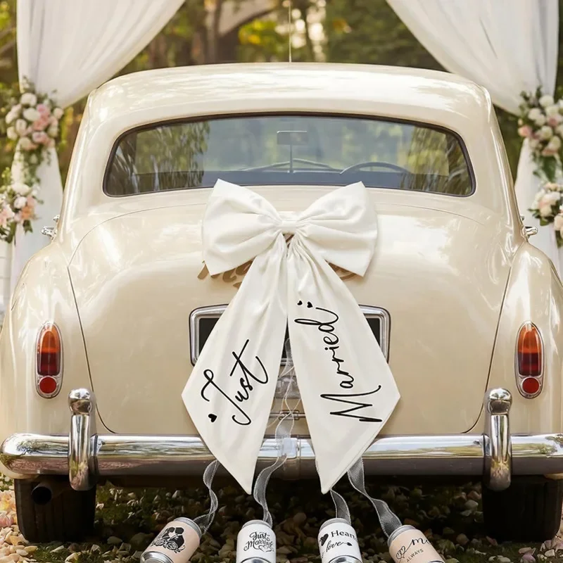 White Satin Wedding Car Bow Just Married Ribbon Bowknot Bridal Car Tail Decoration Wedding Party Ceremony Supplies Decor