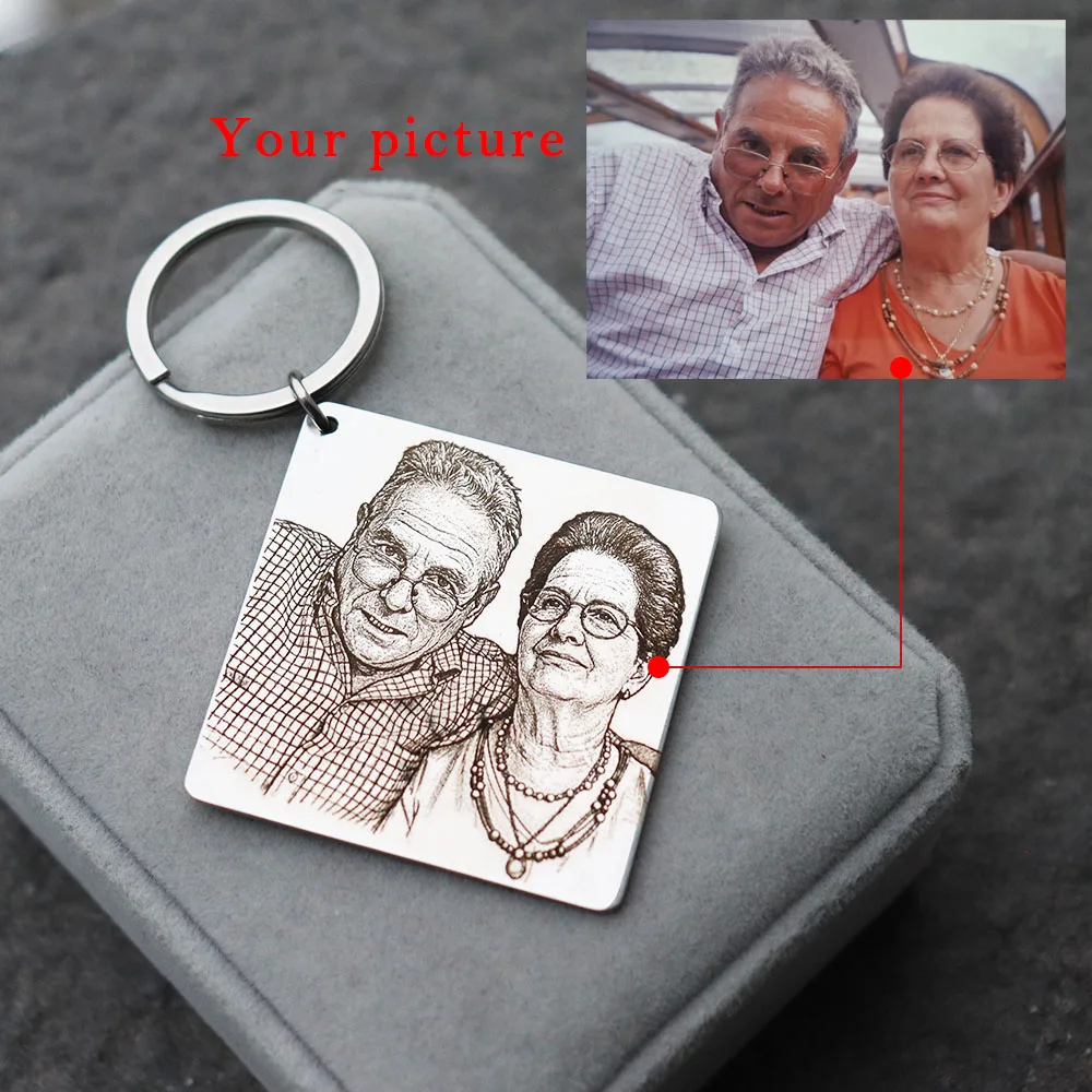 

Custom Couple Photo Keychain Engraved Stainless Steel Portrait Custom KeyRing Square-Shaped Personalized keychain for Family