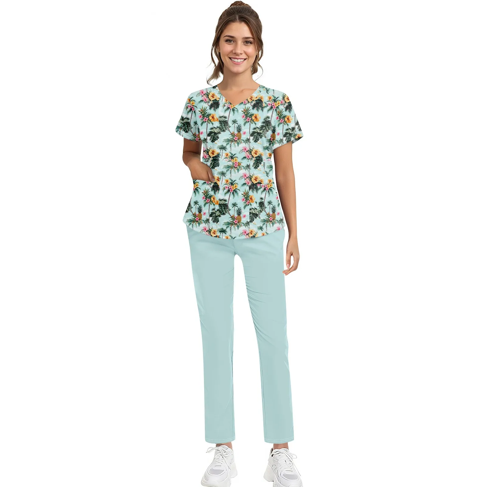 Fun Printed Hospital Nurse Scrub Working Uniform Outfits for Female Pet Beauty Salon Work Medical Workwear Scrubs Set