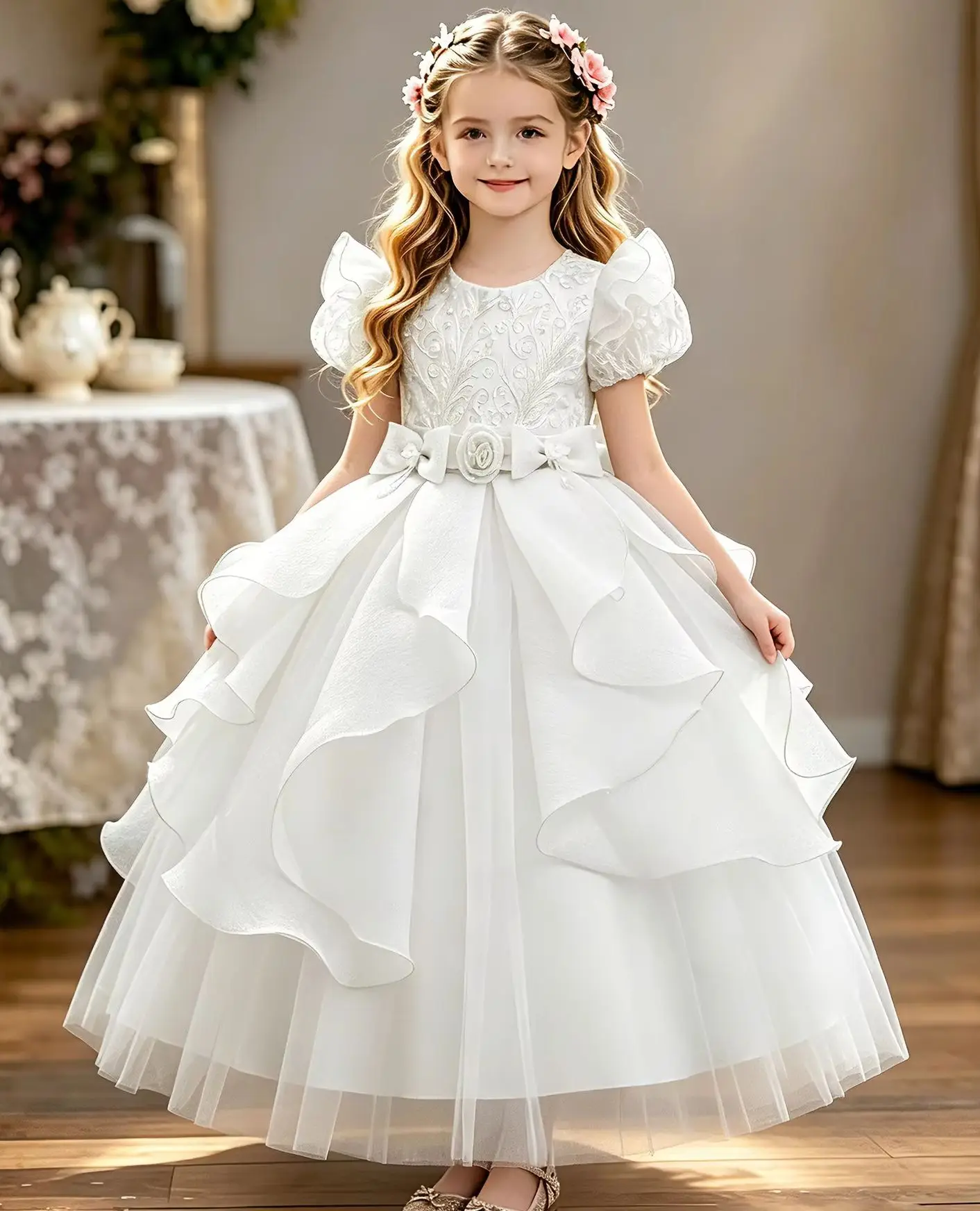 Flower Girl Wedding Dresses Elegant Girls Party Dress Long Gown 4-12 Years