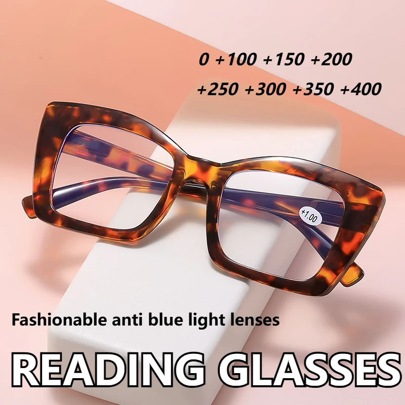 Modische Lesebrille mit großem Rahmen, hochauflösende Retro-Anti-Blaulicht-Brille, ultraleichte Presbyopie-Brille, 0 bis + 400