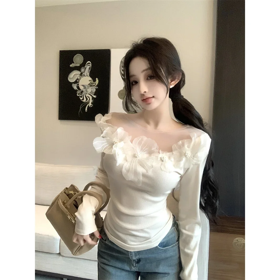 Korejpaa Base T Shirts Women Autumn Winter Clothes French Fashion Design Pearl Flower Mesh Splicing Slim Waist Casual Top