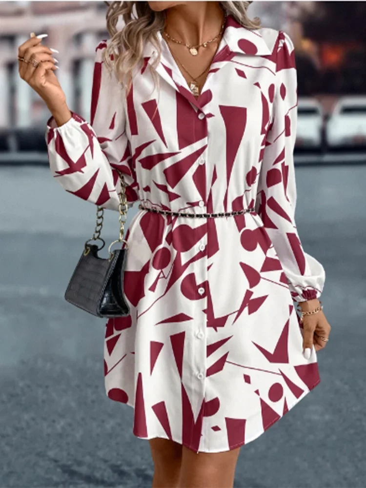 

Красивое женское платье-фонарь на пуговицах с длинными рукавами и лацканами с принтом, уличная мода, элегантные осенние платья в городском стиле