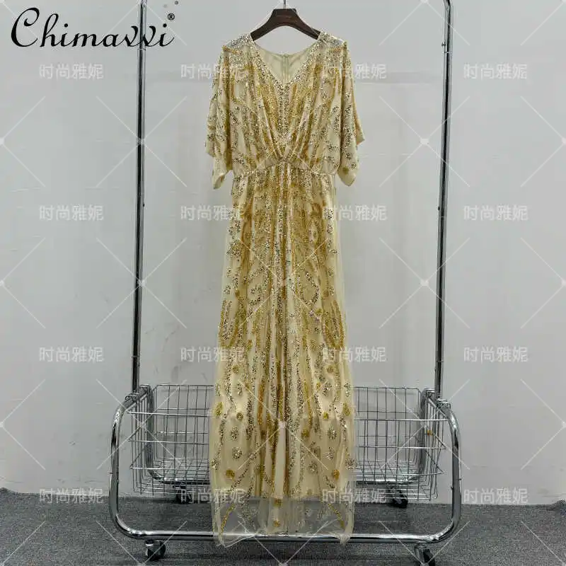 

New Fashion Heavy Industry Luxury V-neck Gown Dress 2024 Summer New Holiday Sequin Bead Loose Mid-Length Women's Party Dress