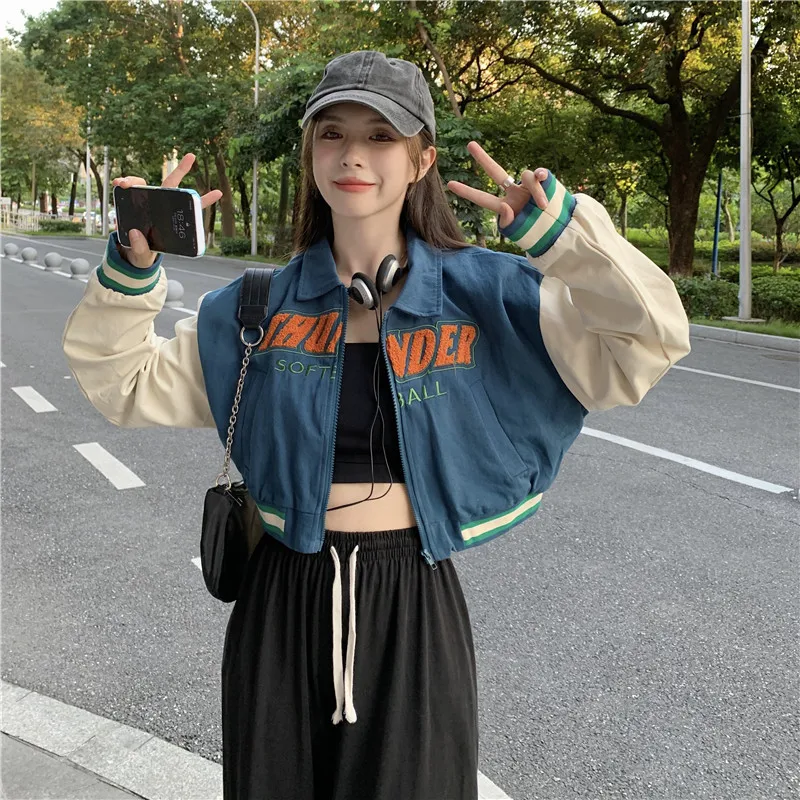 MEXZT Streetwear donna Retro Letter Crop cappotti da Baseball autunno Harajuku colletto rovesciato BF giacche Casual coreano Outwear Y2k top