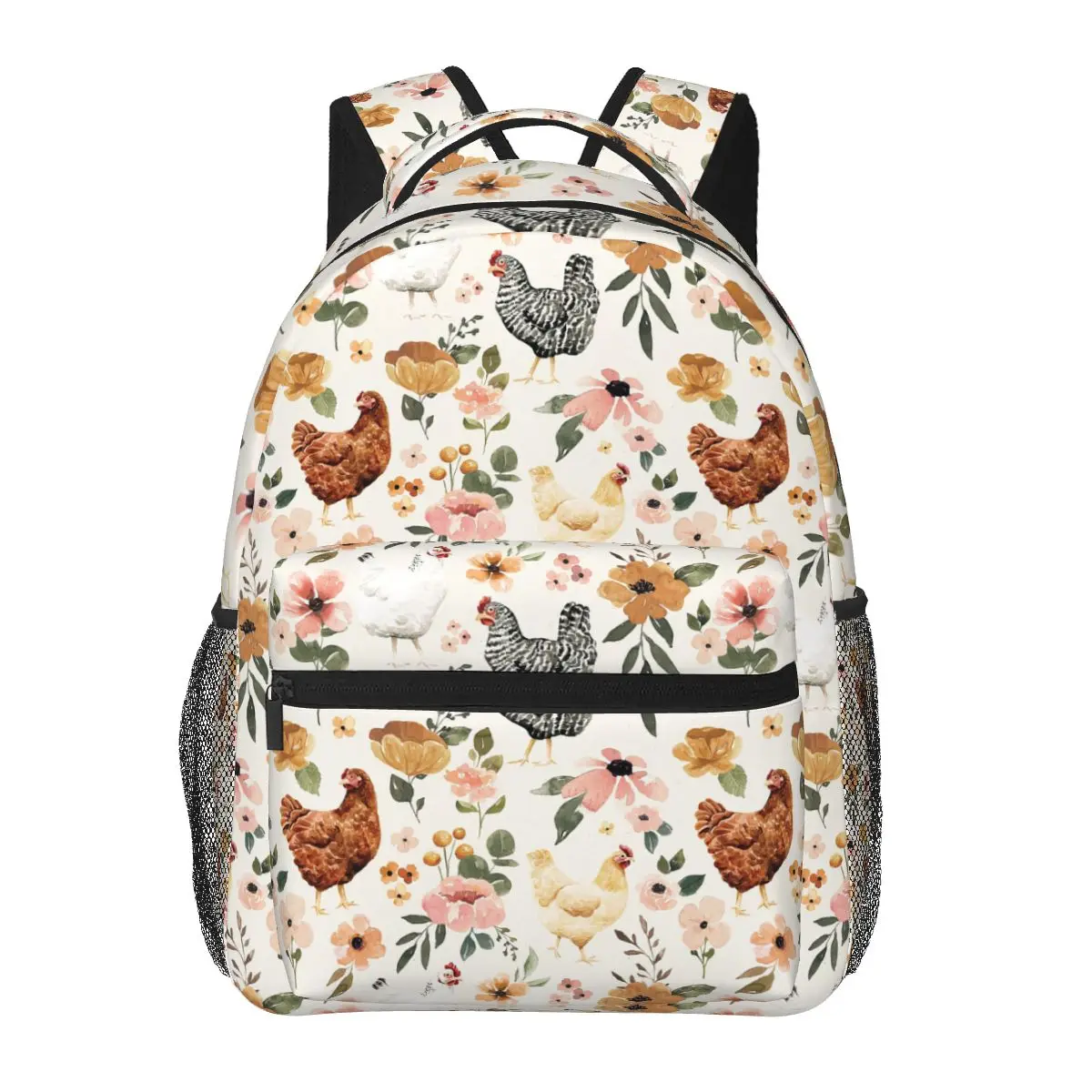 

White Chickens And Floral Pattern Student Backpack School Bag Hiking Travel Daypack for Boys Girls Fashion Bookbag Shoulder Bags