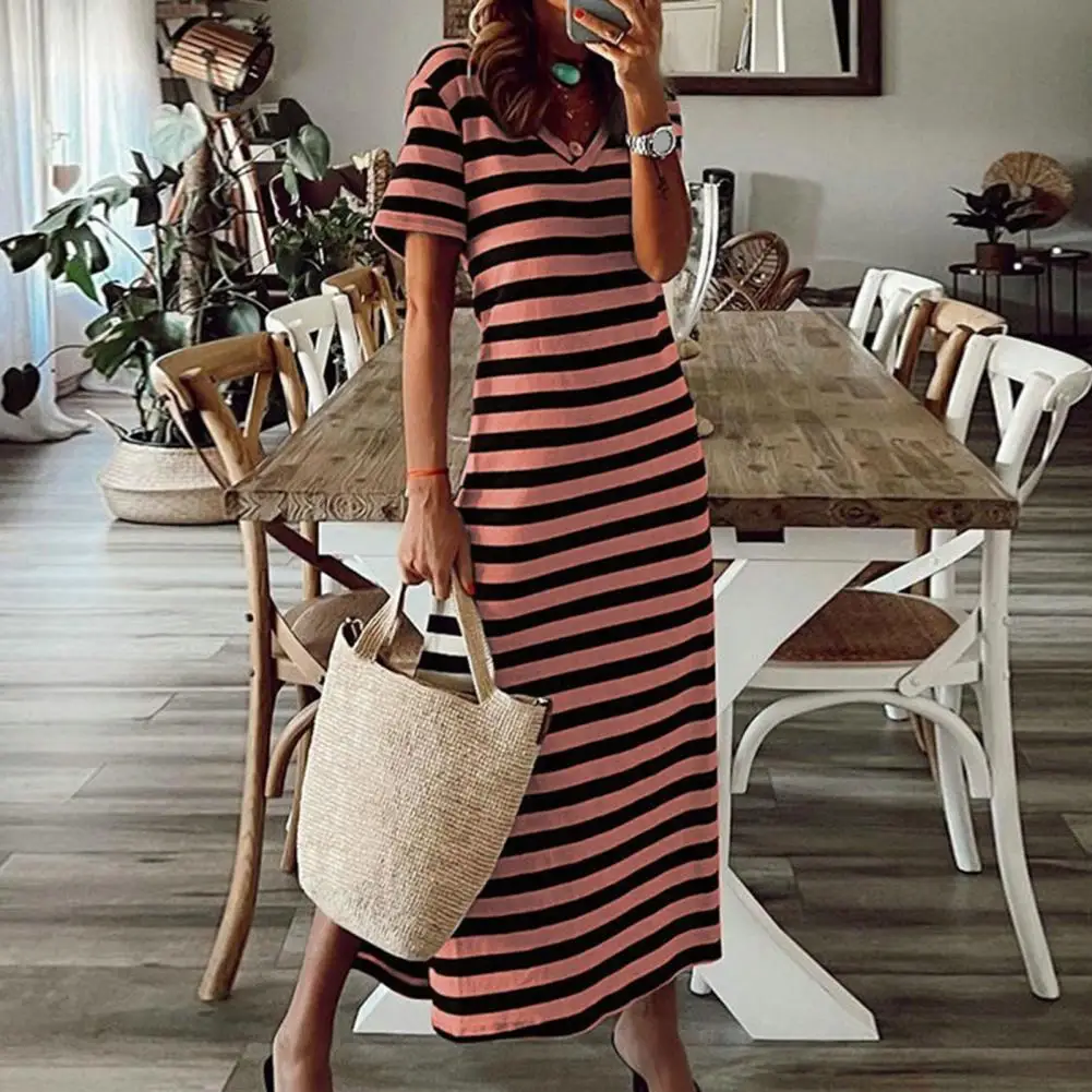 Striped Print Women Casual Dress Elegant V Neck Short Sleeve T-shirt Dress Summer Women Midi Dresses Side Split Slim Long Dress