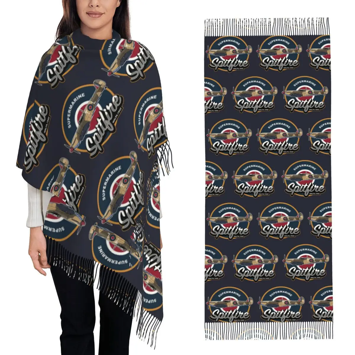 

RAF Supermarine Spitfire Fighter Aircraft Plane Airplane Scarf Tassel Scarves Women Shawls and Wraps Long Fall Winter Shawl Wrap