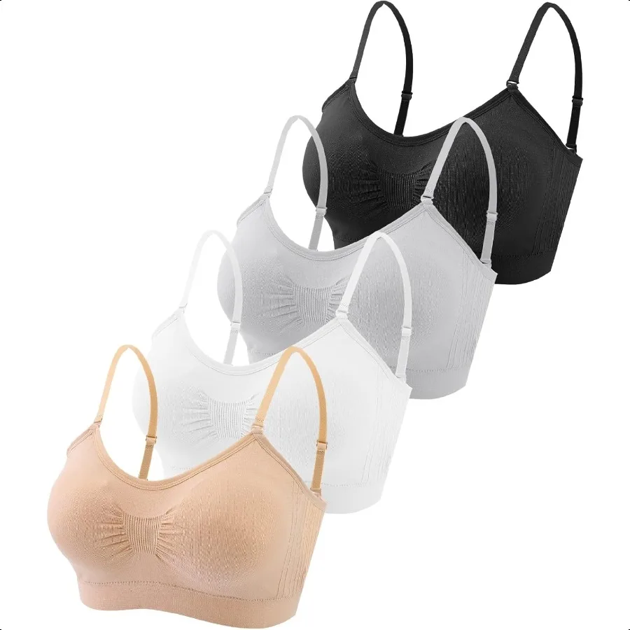 

Omisy 4 Pieces V Neck Padded Bralette Cami Bra Wirel Tank Top Sports Bra with Adjustable Straps