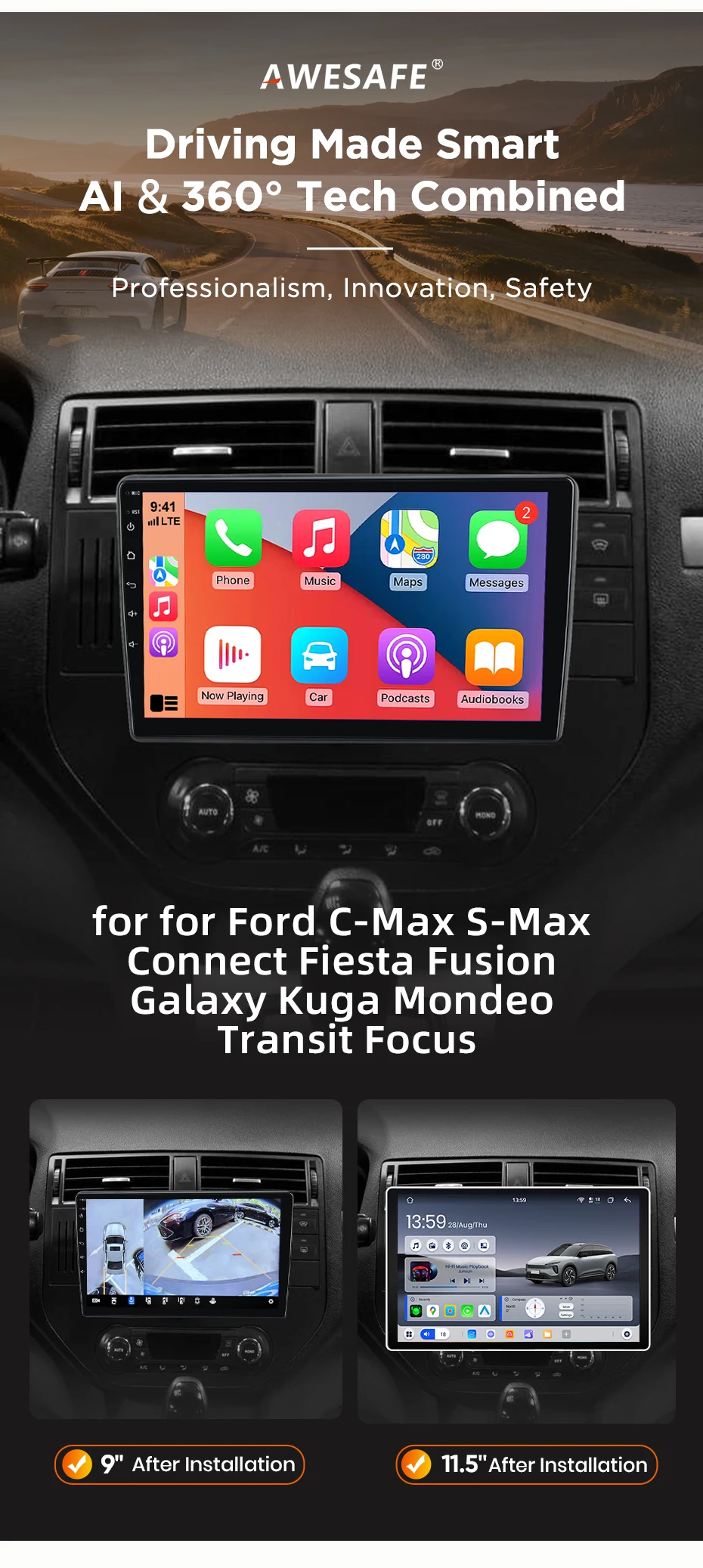 AWESAFE Kabelloses CarPlay Android Auto Radio für Ford Focus Transit Fiesta C S Max Galaxy Auto Intelligente Systeme RDS GPS FM BT – Detail 3