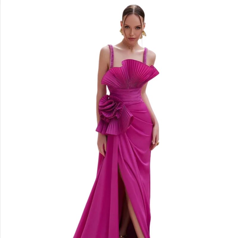 Vestido sexy em forma de leque para senhoras, top de tubo, fenda alta, várias camadas, vestido de cocktail plissado, vestido de dama de honra, rosa vermelha