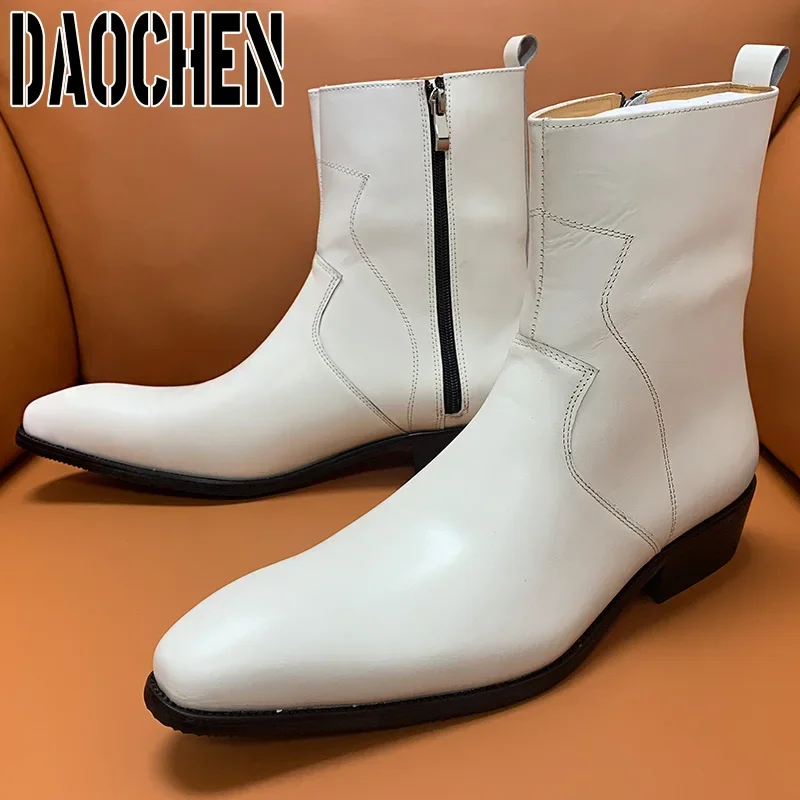 Luxury Brand Chelsea Boots High Grade Men Calf Boots Slip On Zipper Casual Men Dress Shoes White Black Leather Boots Men