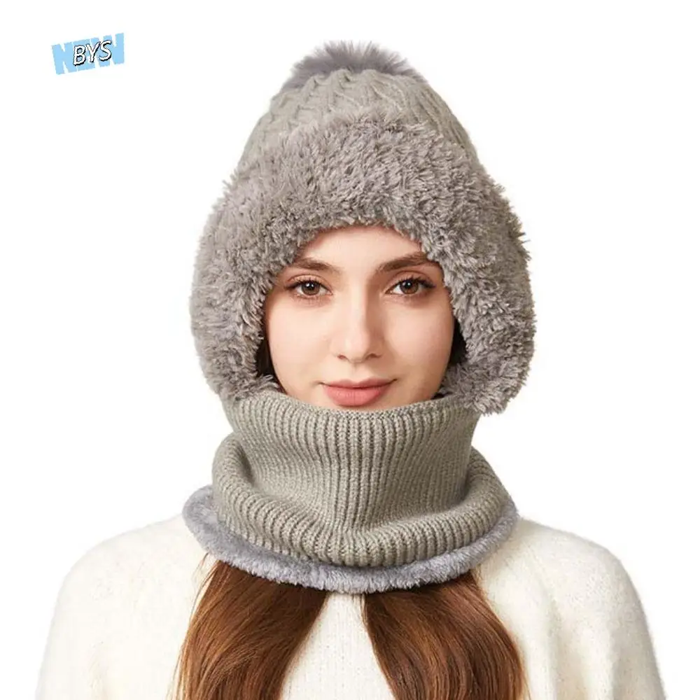 

Fashion Plush Winter Cap Mask Set Windproof Solid Color 2in1 Scarf Hat Ear Protection Neck Protector Balaclavas Hat Winter