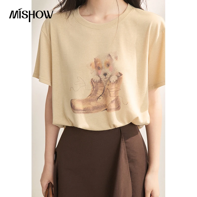 MISHOW 2026 Summer New Apricot Dog Print T-shirt Women Casual Loose Round Neck Short Sleeve Top Cute Graphic Tee MXF22T1551