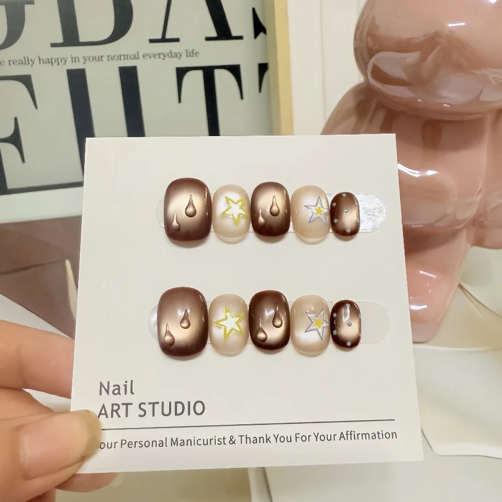 

10 Pieces Autumn Winter Warm Brown Cat Eye Handmade Press On Nails Pentagram Raindrop Polka Dot Fake Nails Removable Reusable