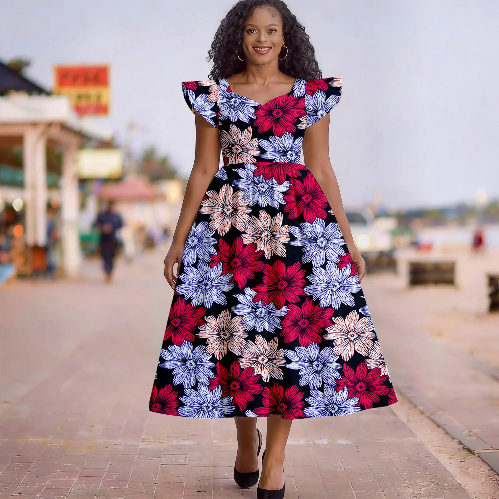 Afripride Elegant Women's Dress Customized Ankara V-Neck Short SleeveFlying sleeve Ankle-Length Dress Casual wedding 2625057