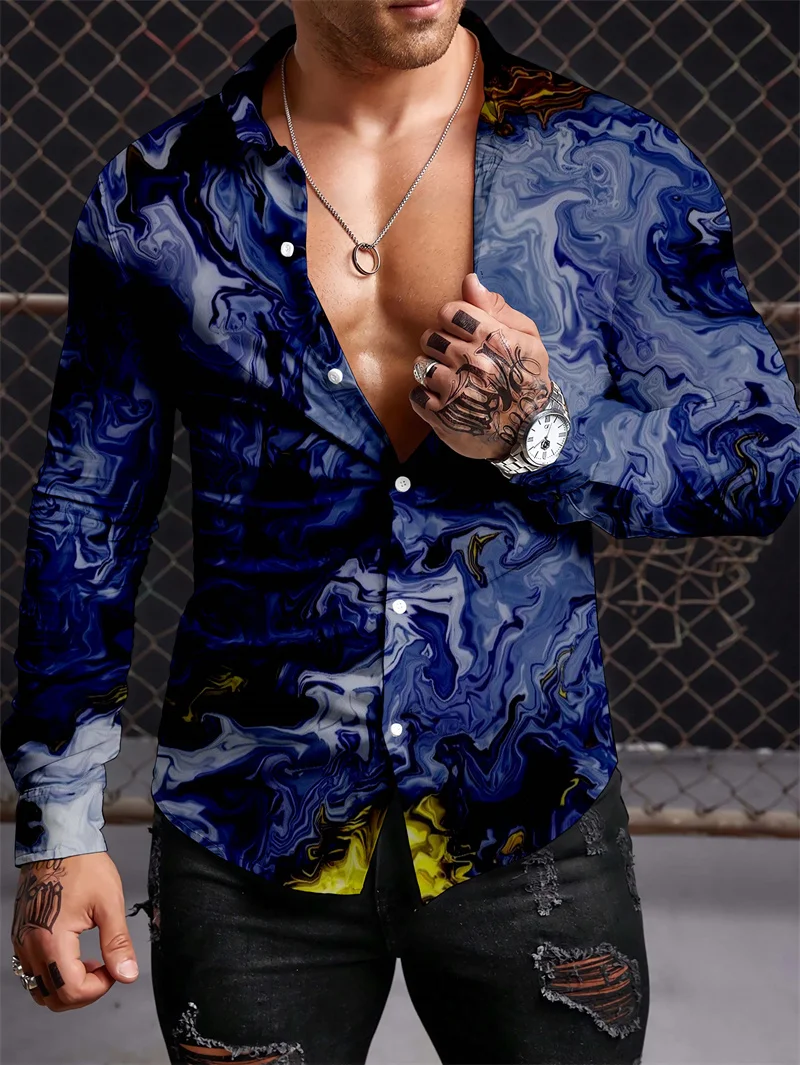 2023 Fashion Men\'s Long Sleeve Polo Neck Shirt Luxury Retro Pattern Shirt Casual Fashion Top Large S-5XL