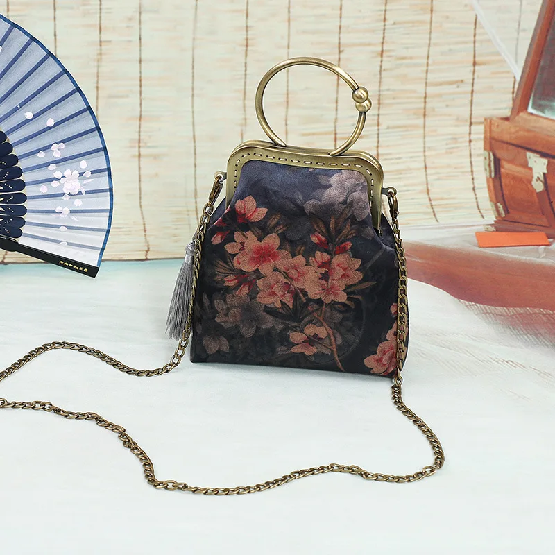 Spring Pink Flowers Bags Shell Lock Vintage Fringe Tassel Bag Women\'s Handbags Purses Chain Women Shoulder Crossbody