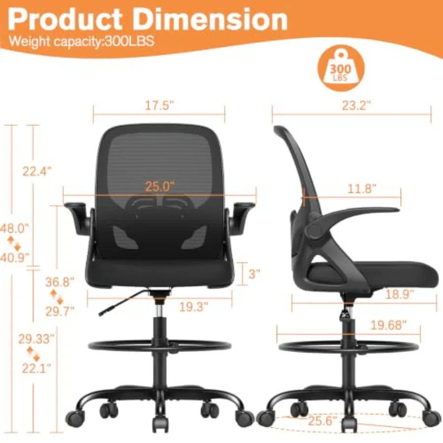 Drafting Chair, Tall Office Chair with Flip-up Arms, Mesh Ergonomic Computer Standing Desk Chair with Adjustable Height Feet Ri view 2