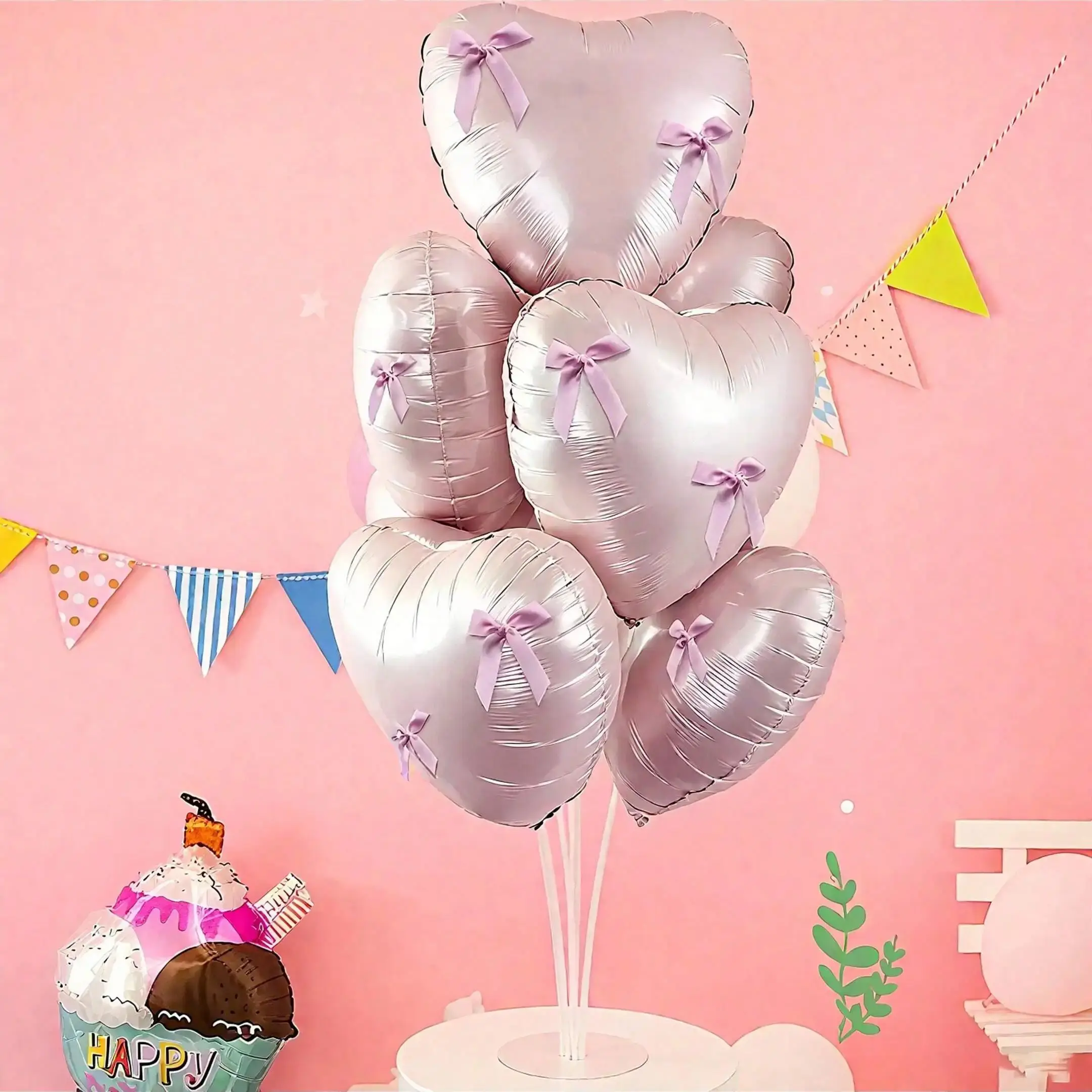 22pcs Set Pink And White Heart-Shaped Aluminum Foil Balloons with Pink Bowties for Party Decoration Wedding Birthday Celebration
