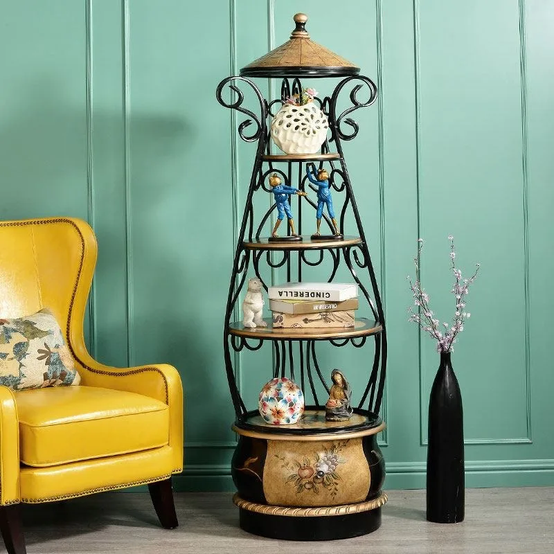 American wrought iron birdcage rack, solid wood storage rack, floor-to-ceiling home living room decoration rack, balcony bedroom
