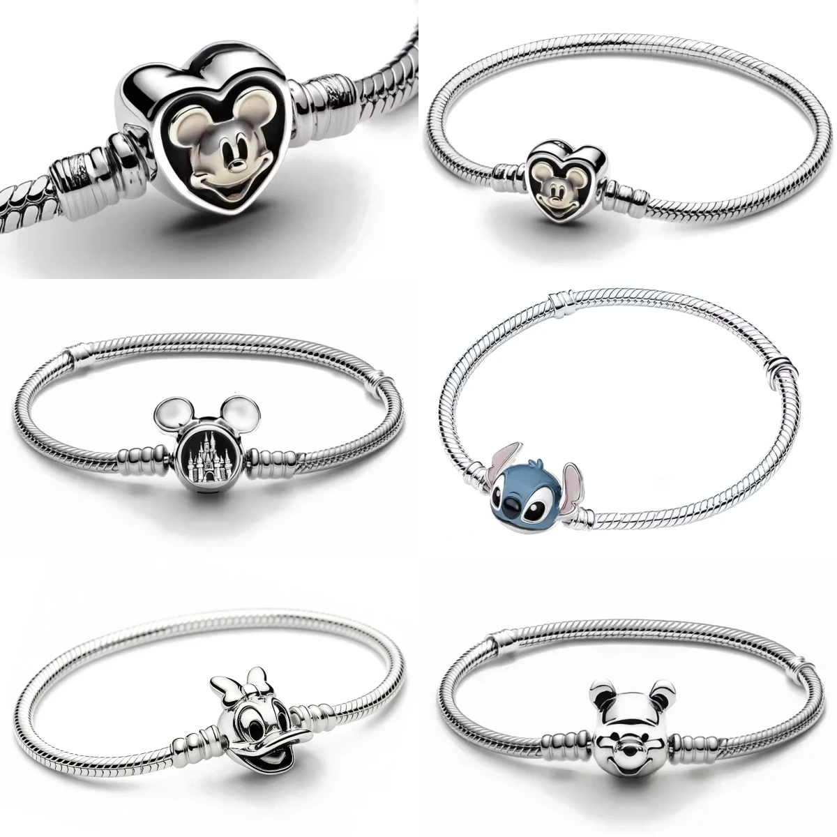 Pulsera con dijes de Plata de Ley 925 de Disney, Mickey, Donald Duck y el Castillo, para mujer, bonita joyería de dibujos animados, regalo