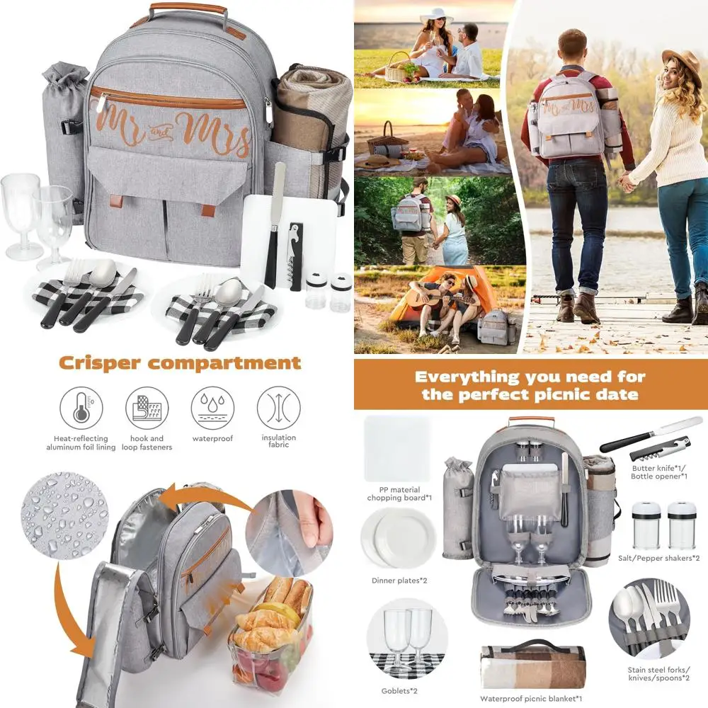 

Grey Insulated Picnic Backpack Set for Two, Waterproof Cooler for Outdoor Adventures and Wedding Shower Gifts