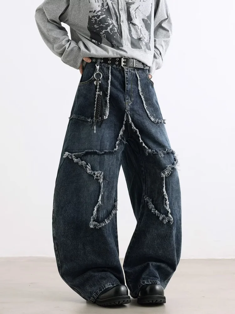 2025 사이버 Y2K 스트리트웨어 스타 패치워크 디스트레스드 블루 배기 진 여성 의류 와이드 레그 올드 레이디 데님 바지