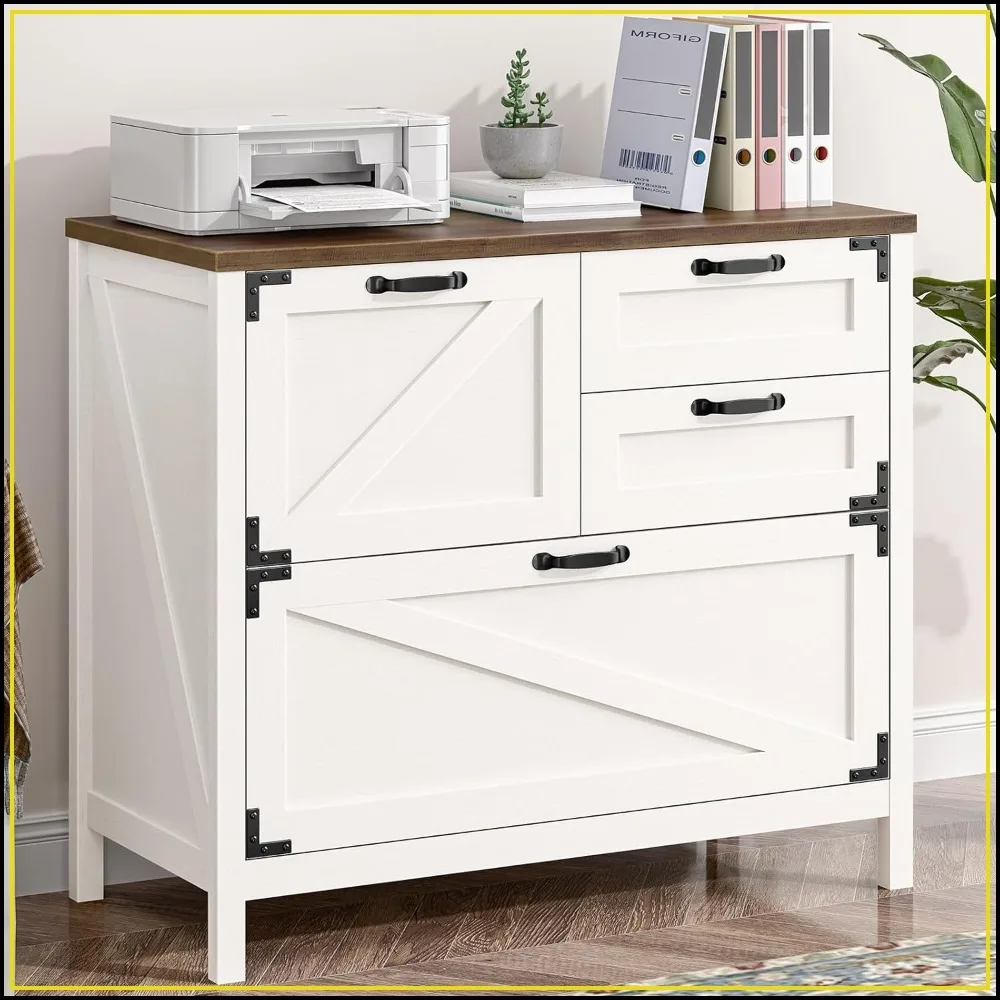 

4-Drawer Wood Lateral File Cabinet, Farmhouse Filing Cabinet for Home Office, Hanging Files Letter/A4/Legal, Printer Stand, White & Brown