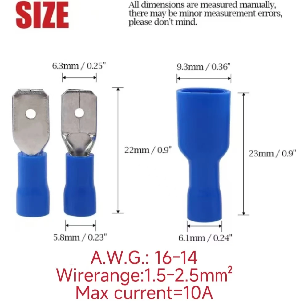 100 قطعة 50 زوجًا 16 14AWG أنثى ذكر موصل الأسلاك الكهربائية معزول تجعيد محطة المجرف الأزرق #3