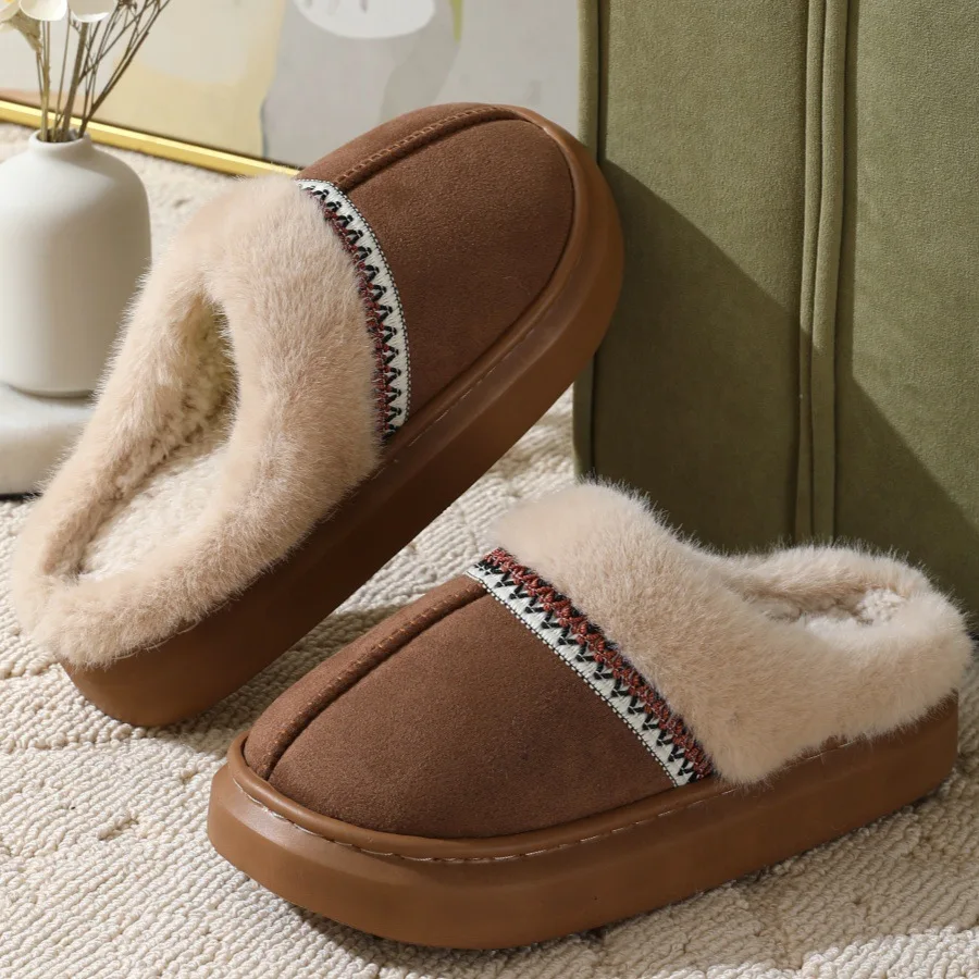 Gacimy Women Winter Plush Slippers Thick Sole Fuzzy Lined Outdoor Suede Slides Indoor Fur House Shoes Warm Fluffy Cotton Slipper