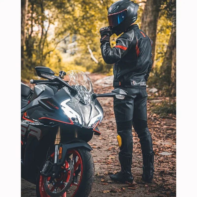 Men's 4 Seasons CE-Certified Waterproof PU Leather Motorcycle Jacket with Armor Protector Matching Riding Pants All-Weather Gear