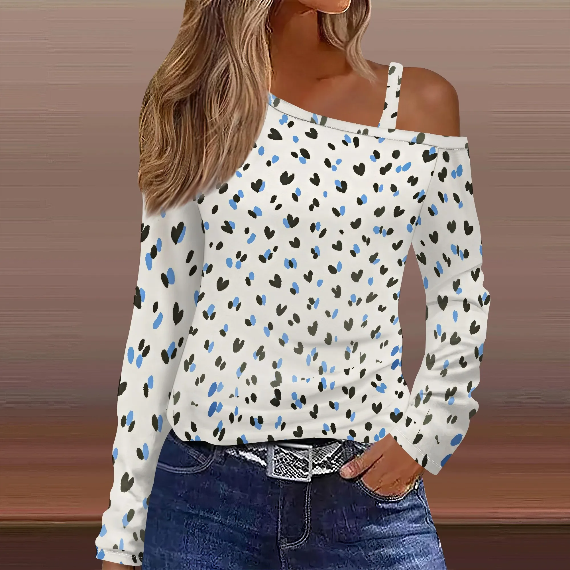 여성용 꽃 프린트 크루 넥 콜드 숄더 블라우스 여름 캐주얼 Boho Chic Cotton Blend Long Sleeve Tunic Top