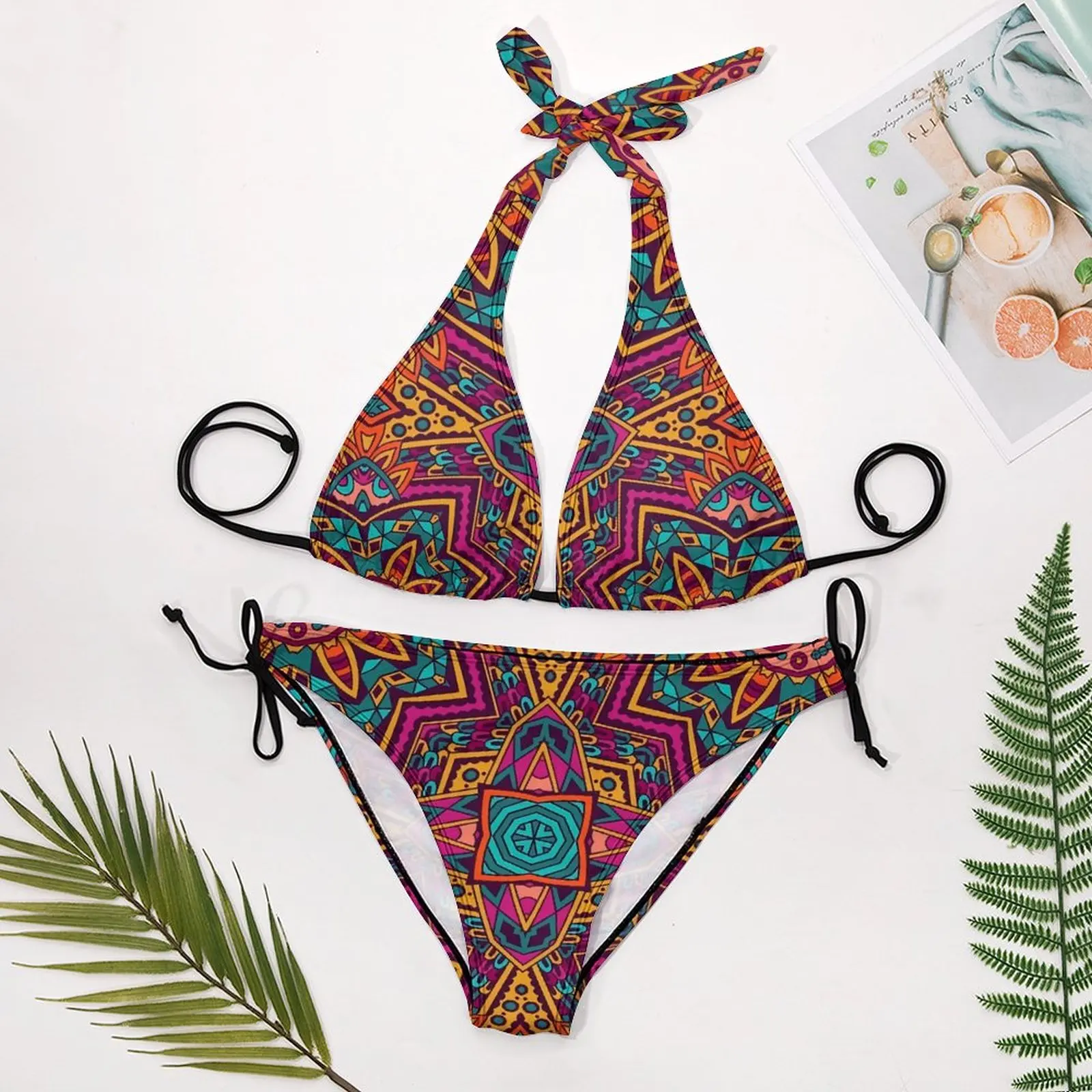 Sexy Tribal Print Boho Bikini Set Colorful Print Classic Bikini Swimsuit Push Up Tie Side Swimwear Design Beach Outfits