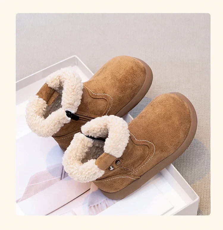 Children Fuzzy Fleece Lined Winter Snow Boots Side Zipper Suede‑look Warm Short Ankle Boots