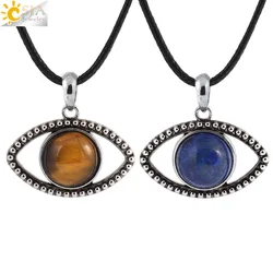 CSJA Eye Shape Pendant Necklace Healing Natural Stone Round Cabochon Bead Tiger eye Amethysts Crystal Jewelry Gift H568