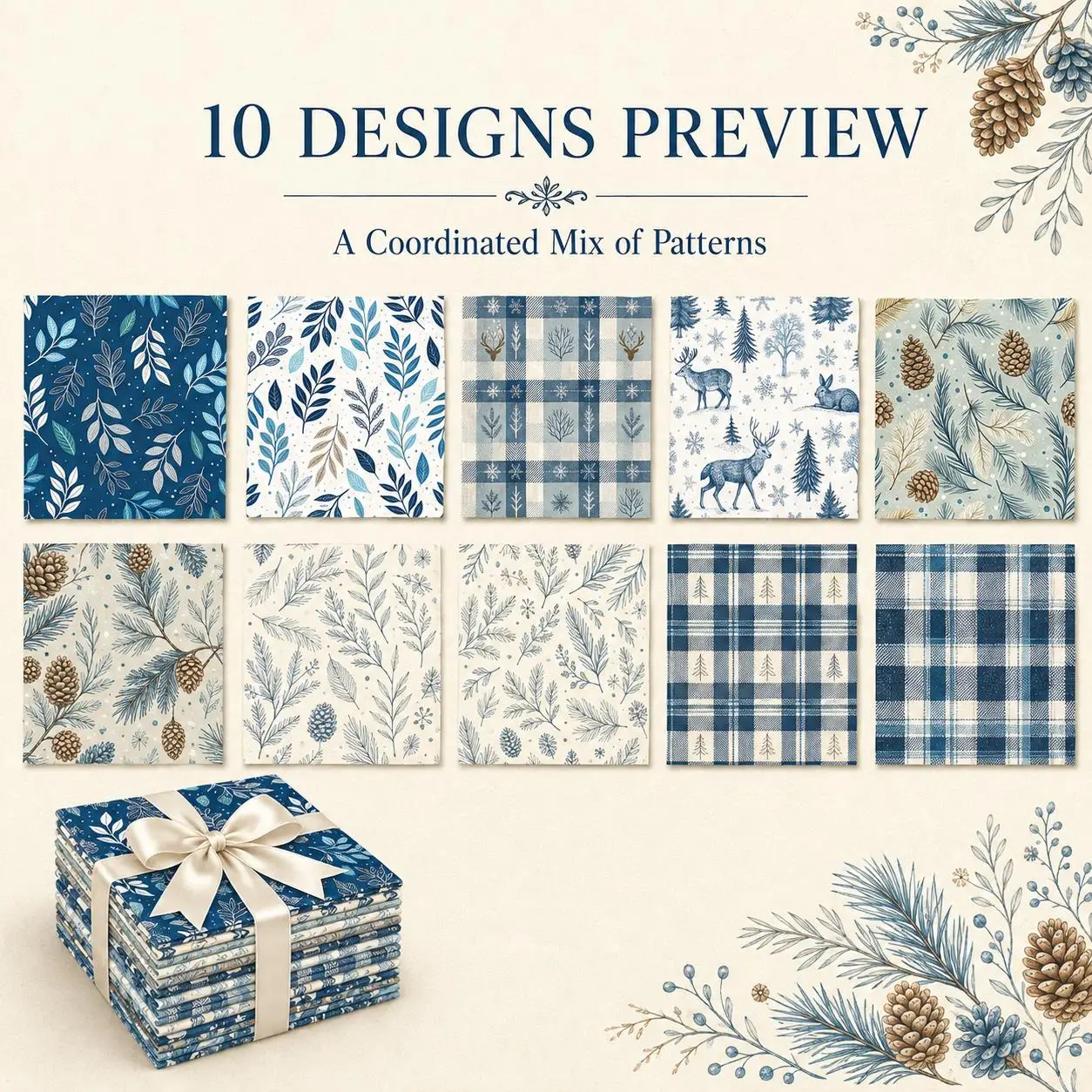 10Pc/Set Christmas Series Plaid Rabbit Deer Pinecones Christmas Tree Fat Quarter Fabric, Pre-Cut Square Fabric Assort, Fabric Se