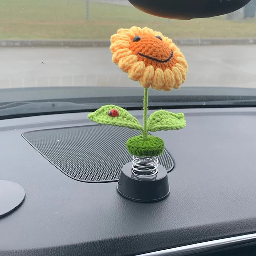 Cute Bobblehead Sunflower Car Dashboard Decoration, Crochet Smiley Sunflower Funny Gadgets Car Accessories For Women