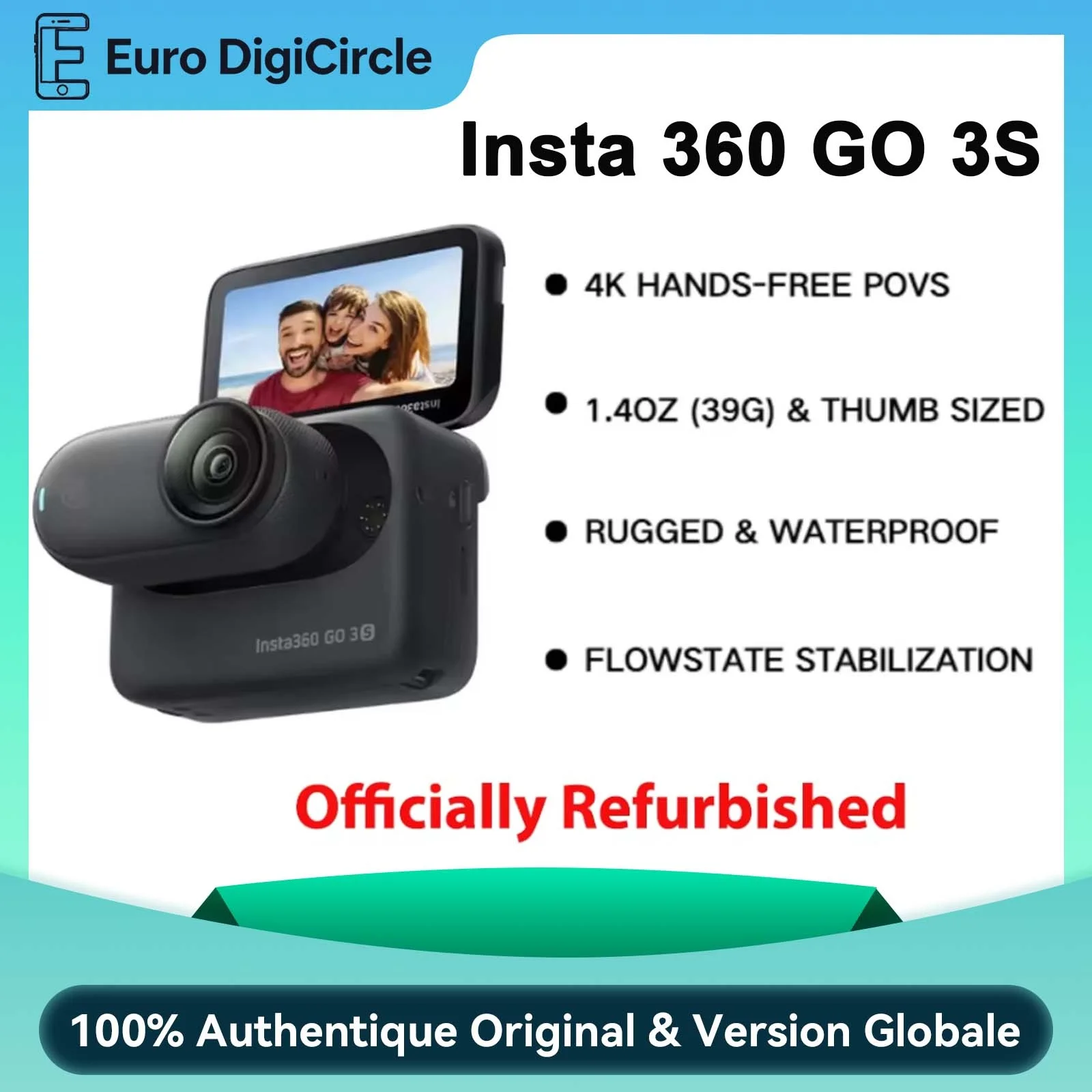 (Officiellement Remis à Neuf) Insta360 GO 3S 128GB- Caméra Vlog Mini 4K, POV Mains Libres, Fixation Universelle, Stabilisation, Batterie 140 Min, Étanche 10m, Pet POV