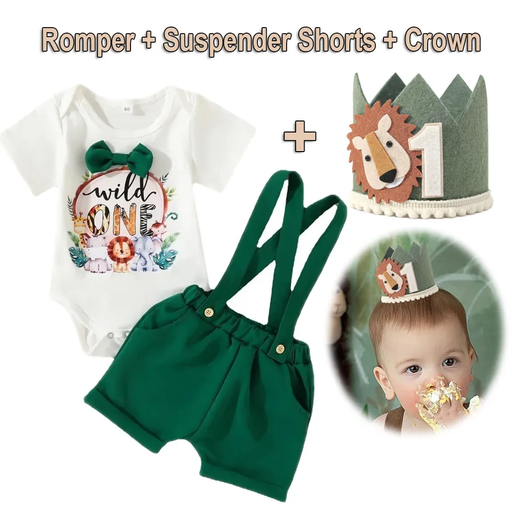 Birthday Cake Smash Baby Girl Outfit Set 1 Year Old Birthday Crown Baby Boy Clothes Newborn Photography Romper Suspender Shorts